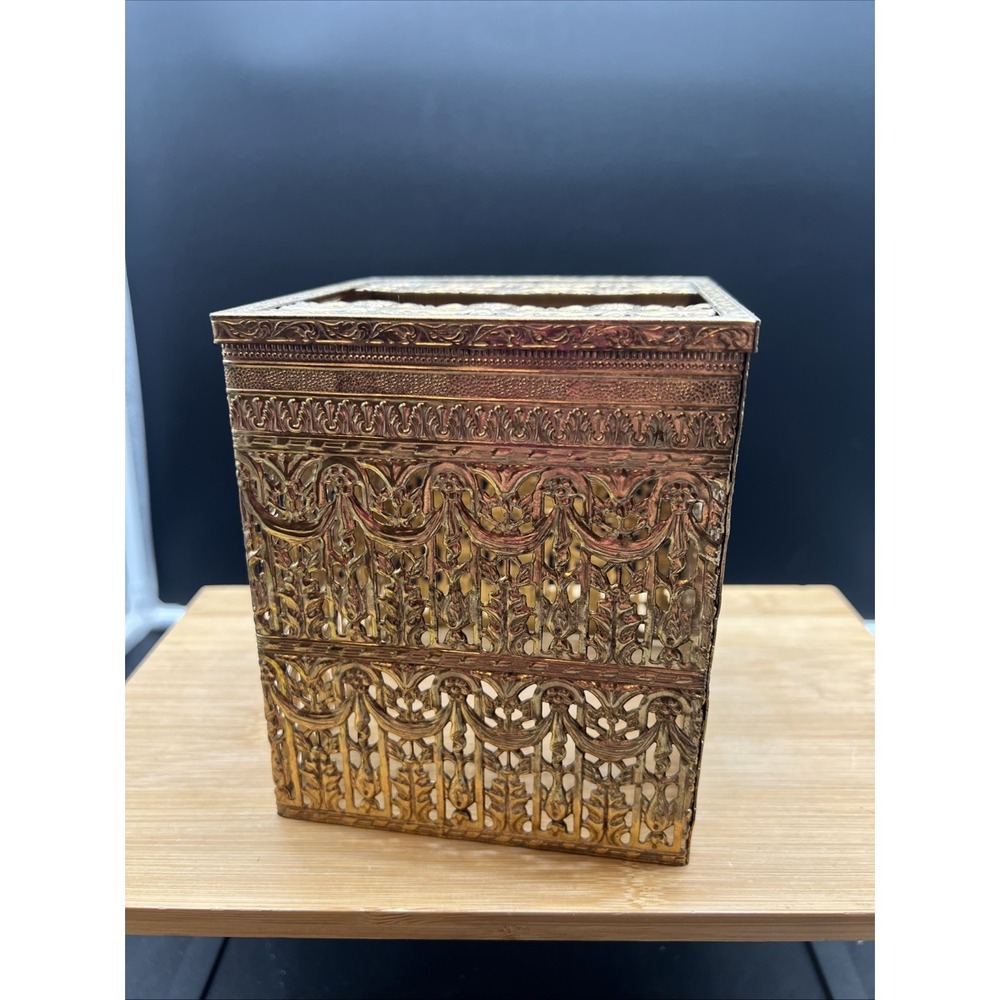Vintage Hollywood Regency Tissue Box Holder Brass Filigree Square MCM Gold Tone